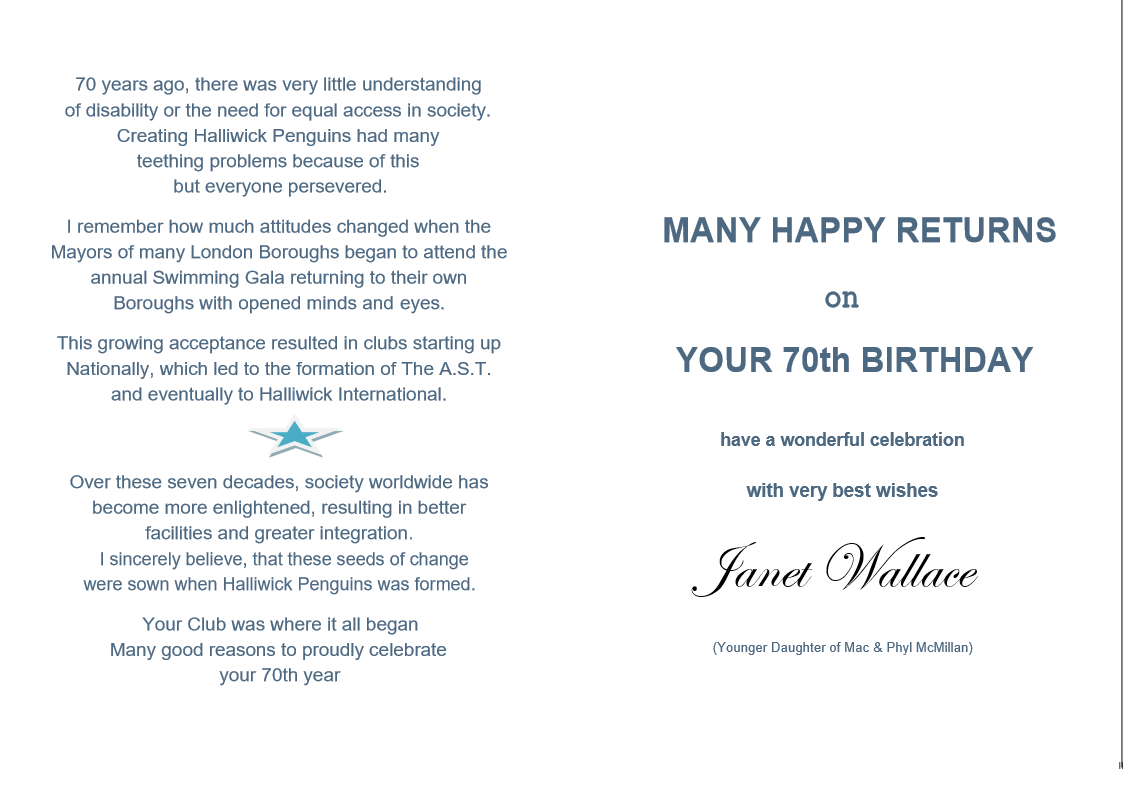 Card from Janet Wallace 70th Birthday